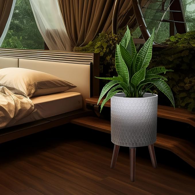 Opnons 12 Inches Indoor Plant Pot with Walnut Color Stand Honeycomb Embossed Flower Pot with Drainage Holes Large Modern Planters for Indoor Plants-Gradient White Gray