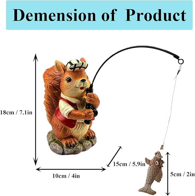 Squirrel Outdoor Statue Koi Pond Garden Decoration, Squirrel Decor for Yard 7.1'' Fishing Sculpture Outdoor Patio, Lawn Accessory, Fishing Animals for Waterfall or Koi Pond Additional, Gifts for Mom