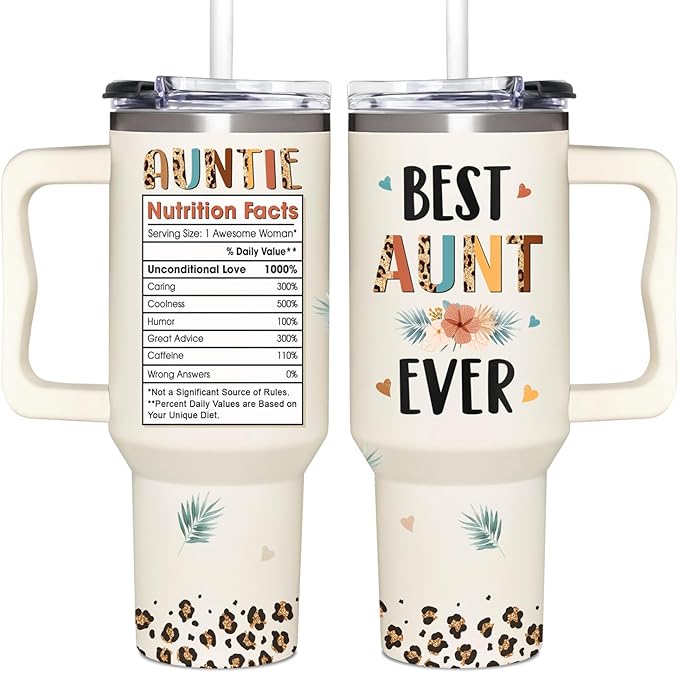 AT2Z GLOBAL Mothers Day, Christmas, Birthday, Gift for Auntie, Aunts - Gifts for Aunt, Auntie - Aunt Gifts from Niece, Nephew - Gift for New Aunts - 40oz Tumbler With Handle & Straw