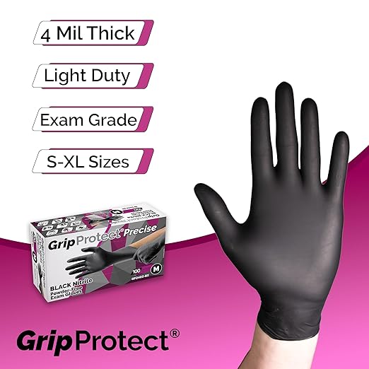 GripProtect® Precise Black Nitrile Gloves, Exam, 4 Mil, Food, Home, Cleaning, Medical/Dental, Tattoo (Medium, 100)
