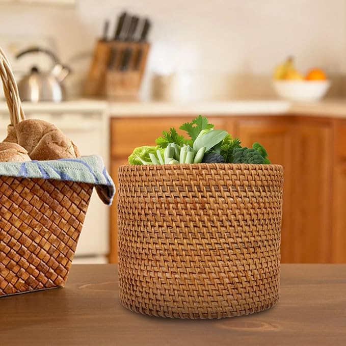 Mikikit Round Rattan Trash can Small Decorative Wicker Basket for Home Storage Desktop Organizer 6.6 Inch Fruit Vegetable Basket