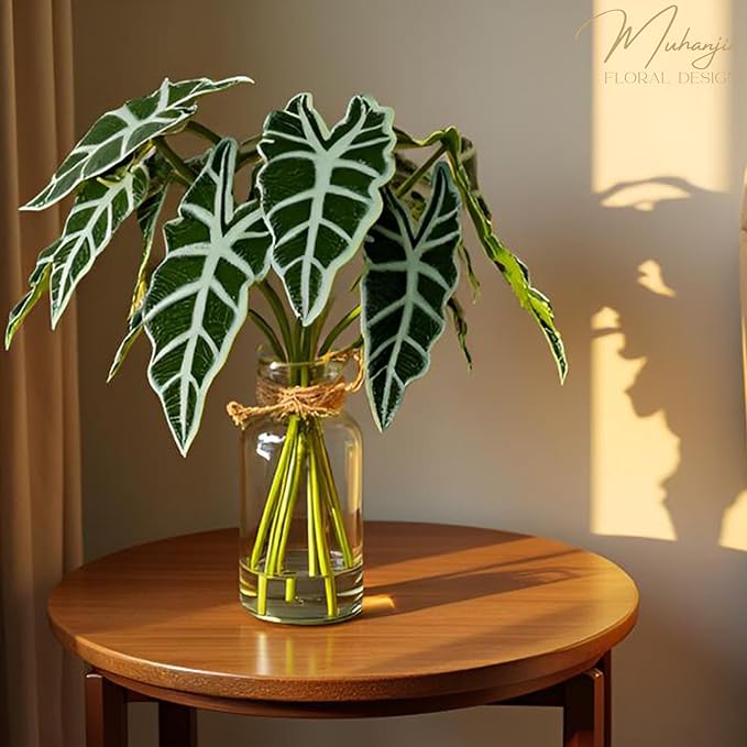 Muhanjia Artificial Flowers Turtle-Back, Alocasia Leaf, in Glass Vase with Faux Water,7Pcs Artificial Leaves Real Touch Latex Leaves for Centerpiece (1, Alocasia Leaf)