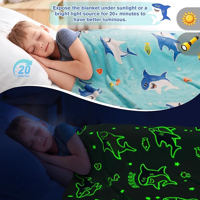 Shark Gifts for Boys Girls - Glow in The Dark Sharks Blanket Christmas Stocking Stuffers for Grandkids Teen Boys Kids 2-14 Years Old Children Toddler Birthday Presents Soft Throw 50"x60"