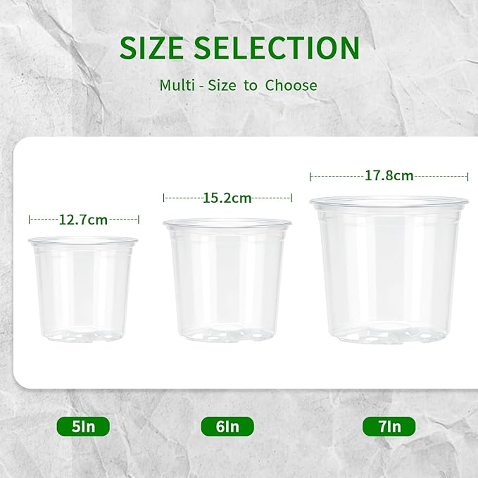 Plgardpo Clear Nursery Pots, 5/6/7 Inch Transparent Plastic Plant Pots with Drainage Holes, Variety Pack Seed Starting Pots, Flexible Clear Flower Pots for Indoor Outdoor Plants, 15 Packs