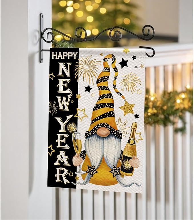 Happy New Year Gnome Decorative Garden Flag, Christmas Winter Celebration Champagne Fireworks Stars Yard Decorations, 2026 Black Gold Outdoor Small Burlap Home Decor Double Sided 12 x 18