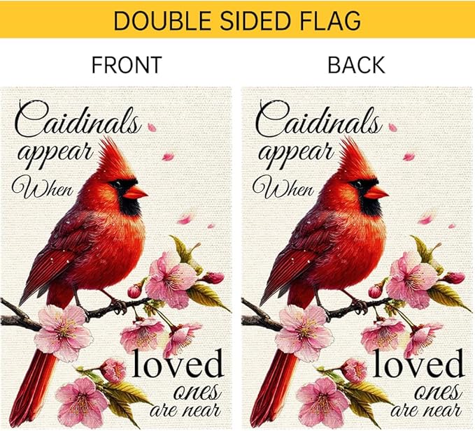 Spring Cardinal Garden Flag 12x18 Inch Double Sided Small Burlap Outdoor Yard Lawn Peach blossom Rustic Farmhouse Seasonal Wildflowers Anniversary Flags Decorations