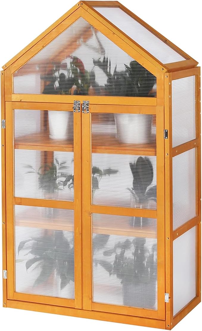 LYNSLIM Wooden Greenhouse, Raised Flower Planter Shelf with Transparent Flip-Top Roof, Cold Frame Green House for Outdoor, Mini Greenhouse Cabinet for Outside 29” W x 15”D x 50” H