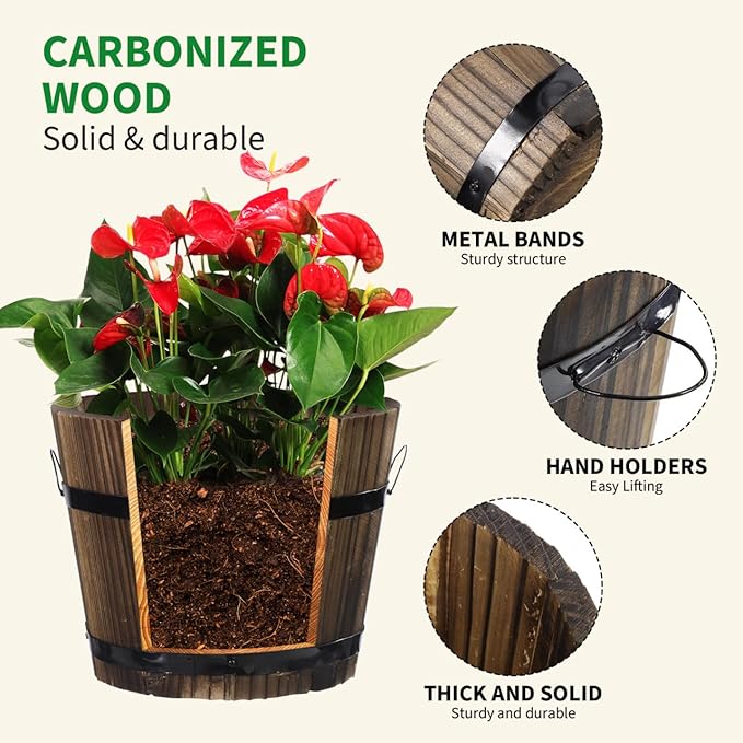 Wooden Round Barrel Planter Flower Pot for Succulents with Permeable Bottom 7.08X7.08X5.9 Inches Indoor Outdoor Home Office Garden D Cor
