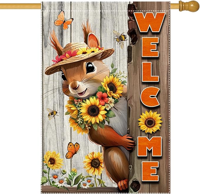 Welcome Garden Flag Vertical Double-Side Small Burlap sunflower Spring Summer Squirrel Garden Flags Yard Porch Outdoor Patio Lawn Decor Flags Decorations (RMQ-480D, 28"X40")