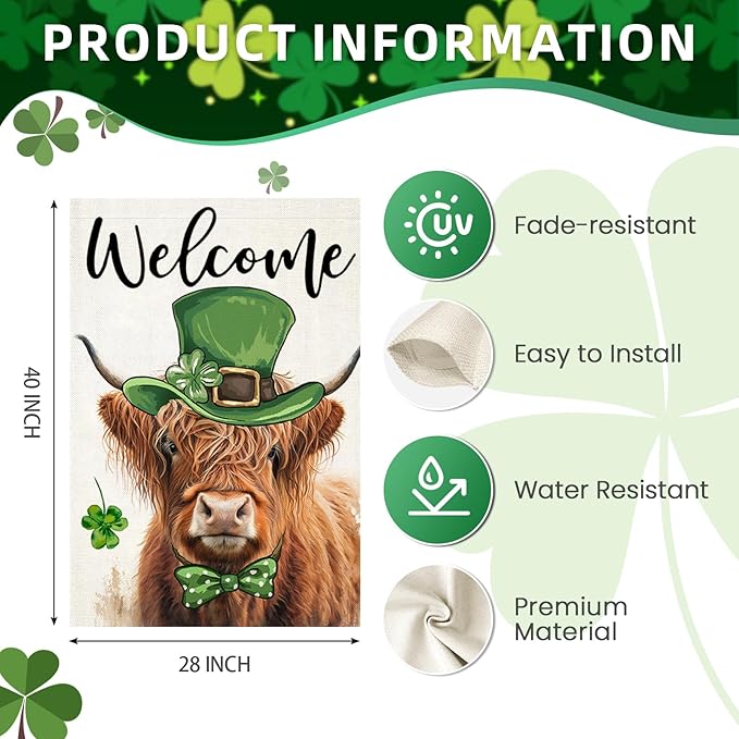 Welcome St Patricks Day House Flags for Outdoor Decoration, Highland Cow with Green Hat Lucky Shamrocks Large Yard Flag, Decorative Irish Celebration Decor for Seasonal Farmhouse Holiday