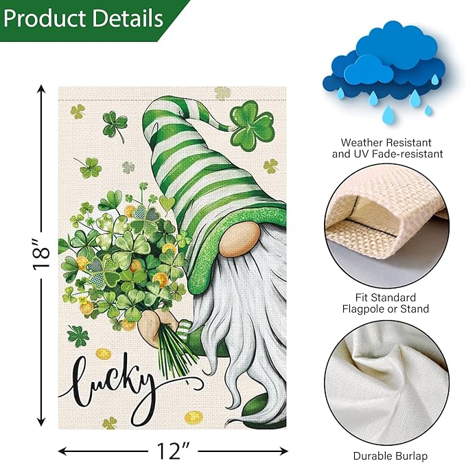 Louise Maelys St Patrick's Garden Flag Gnome Lucky Shamrock Clover 12x18 Inch Double Sided Floral Small Burlap Welcome Saint Patricks Spring Holiday Yard Sign Outside House Decor