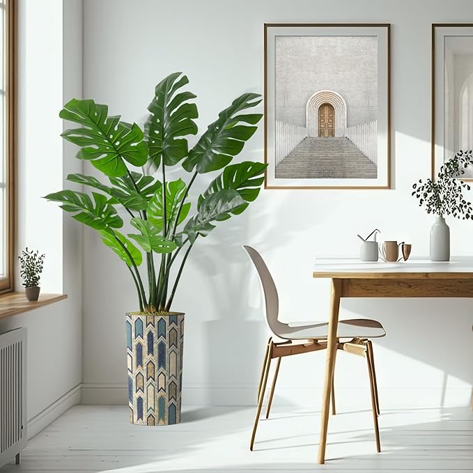 Artificial Tree in Modern Polygon Pattern Effect Planter, Fake Monstera Silk Tree for Indoor and Outdoor Home Decoration - 65" Overall Tall (Plant Pot Plus Tree)