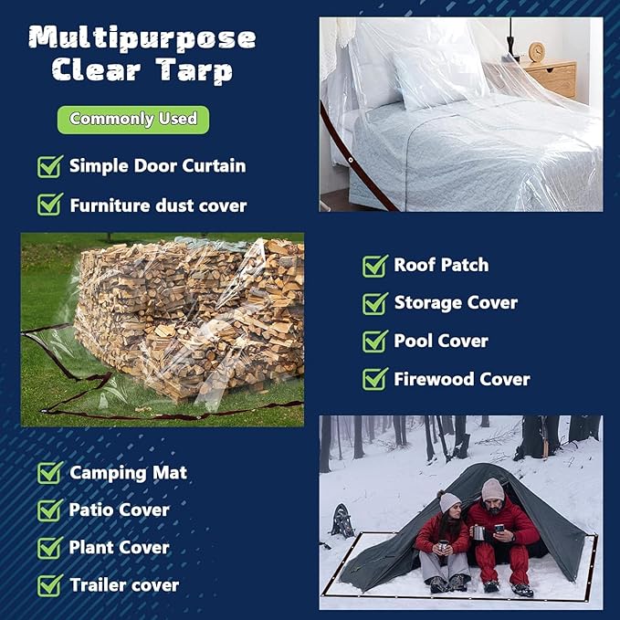 Clear Tarps Waterproof 4X8 with Grommets Clear Vinyl Tarp Heavy Duty Outdoor Clear Plastic Tarp Clear PVC Covering for Patio Henhouse Porch Canopy Plant Camping