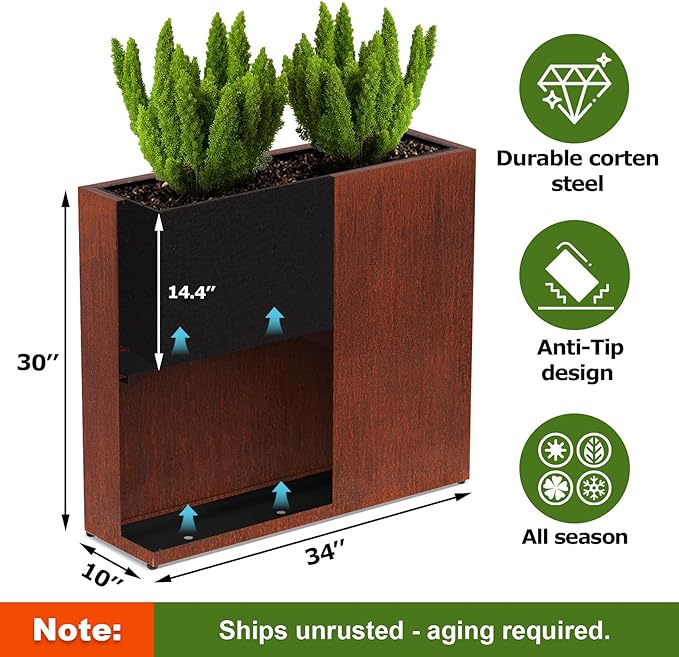 CYC Large Corten Steel Planter Box Outdoor, 30" H x 34" W x 10" D,Tall Rectangular Metal Rusted Planters with Grow Bag,Naturally Rusting Steel Flower Pot,Rustic Décor for Patio,Garden,Deck,Backyard