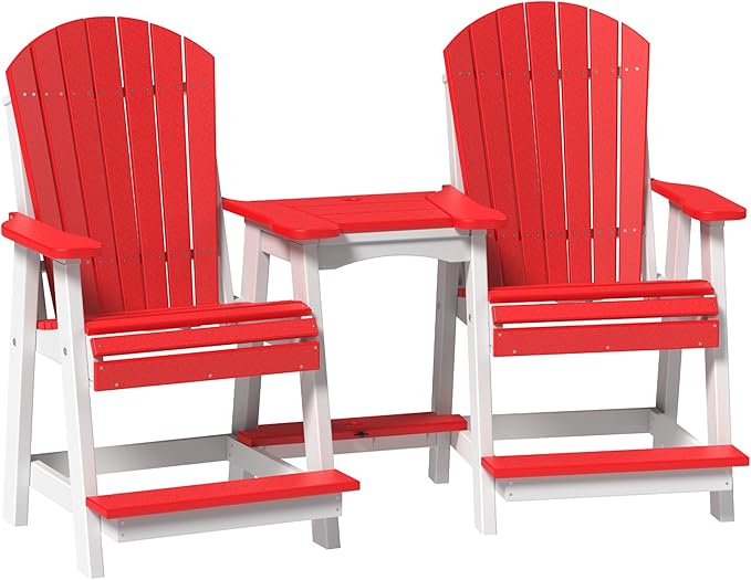 LuxCraft Poly Tete-a-Tete Patio Table and Counter Height Balcony Chairs with Umbrella Hole, Weatherproof Outdoor Patio Furniture Set for Outside - Amish Made in USA (Red & White)