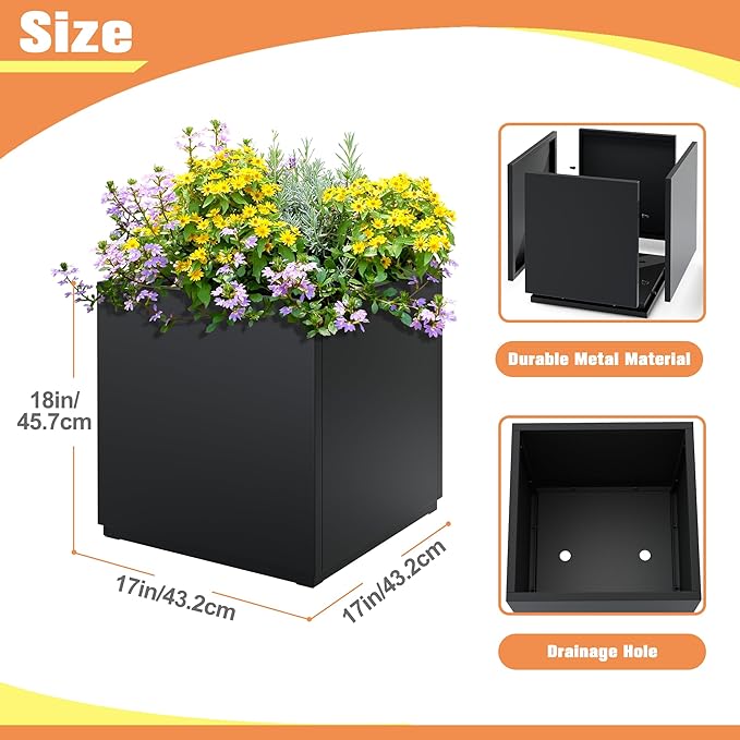Large Metal Planter for Indoor & Outdoor, Square Planter Boxes with Drainage Holes, Tall Divider Planter Box All-Weather Use for Plants, Flowers, 17" L x 17" W x 18" H, Black