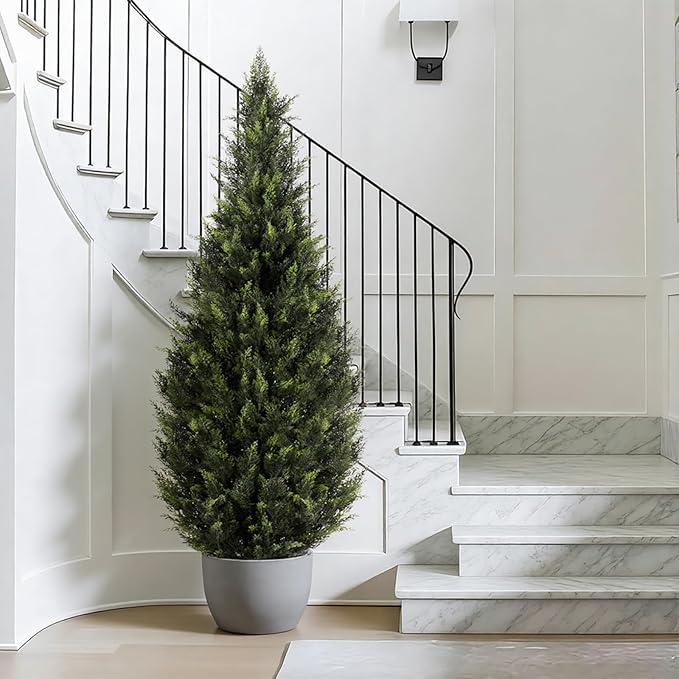 ZEEOZE 6FT Artificial Cedar Topiary Trees (1 Pack) - UV Resistant Faux Evergreen Shrubs Extra Dense Foliage Realistic Fake Pine Cypress Plants Easy Assembly for Front Porch Garden Indoor Office Decor