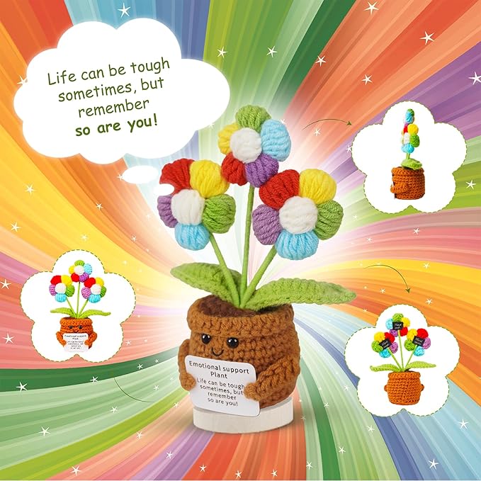 penzoos Rainbow Daisy Emotional Support Plant, Handmade Crochet Potted Flower with Inspirational Message Card, Colorful Knitted Daisy Decoration, Stress Relief Gift for Friends, Family, and Coworkers