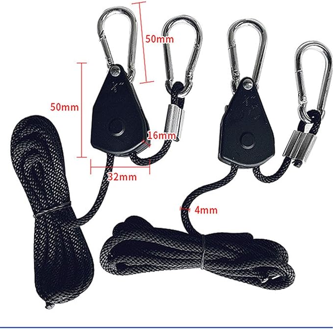 OneChoi Grow Light Rope Hanger 50Pairs，1/8" 8-Feet Long Heavy Duty Adjustable Rope Clip Hanger, Adjustable Rope Ratchet Hangers 150 Lbs per Pair Used with Grow Light, Grow Bags