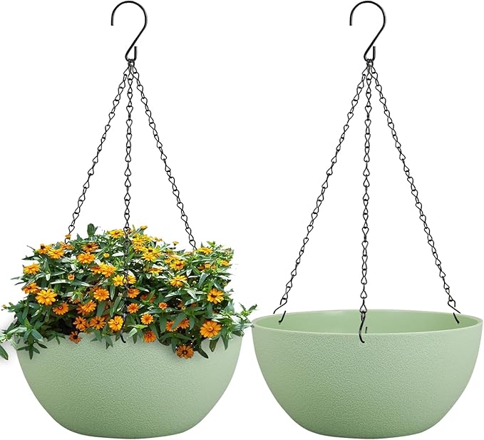 WSMKSZ 10 inch Hanging Planters for Outdoor Indoor Plants with Drainage Holes and Chain, 2 Pack Round Hanging Flower Pots for Garden Home Porch Decor,Green