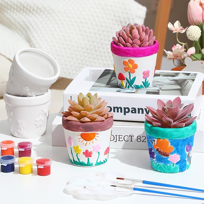 Pasimy 6 Set Ceramics to Paint DIY Ceramic Succulent Planter Pots Paint Your Own Flower Pots Craft Kit Unpainted Bisque Flowerpot with Brush Palette for Family Activity Holiday Gifts(Classic)