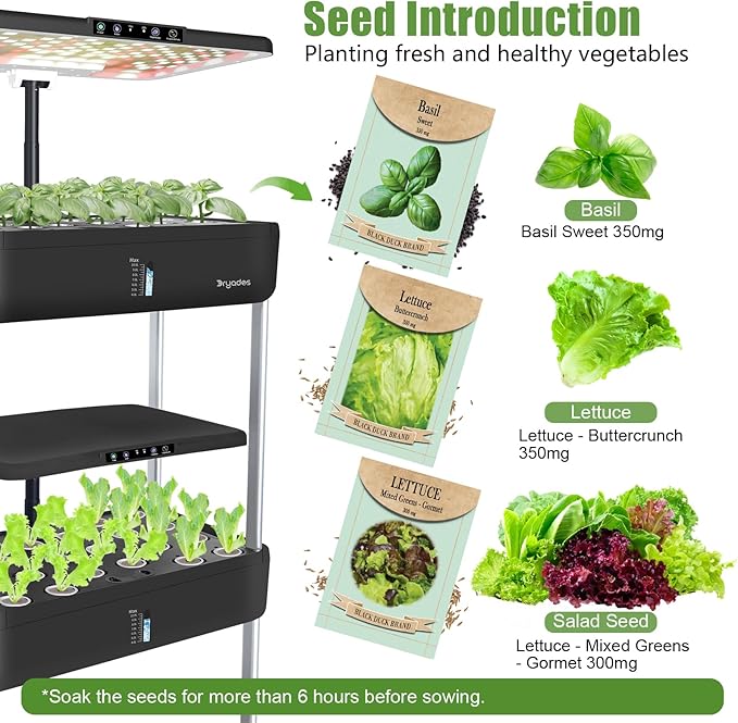66-Pod Indoor Hydroponic Growing System + 3 Free Seeds Starter Kit (Lettuce, Salad Mixed, Basil Seeds) – Dual 53W Full-Spectrum LED, 10-L Water Tank, 3-Tier Grow Pods (66 Pods)