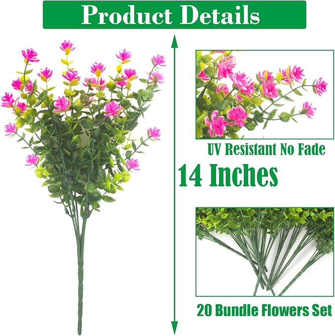 Grunyia 20 Bundles Artificial Flowers UV Resistant Fake Flowers No Fade Faux Plants Garden Porch Window Box Decorating (Pink)