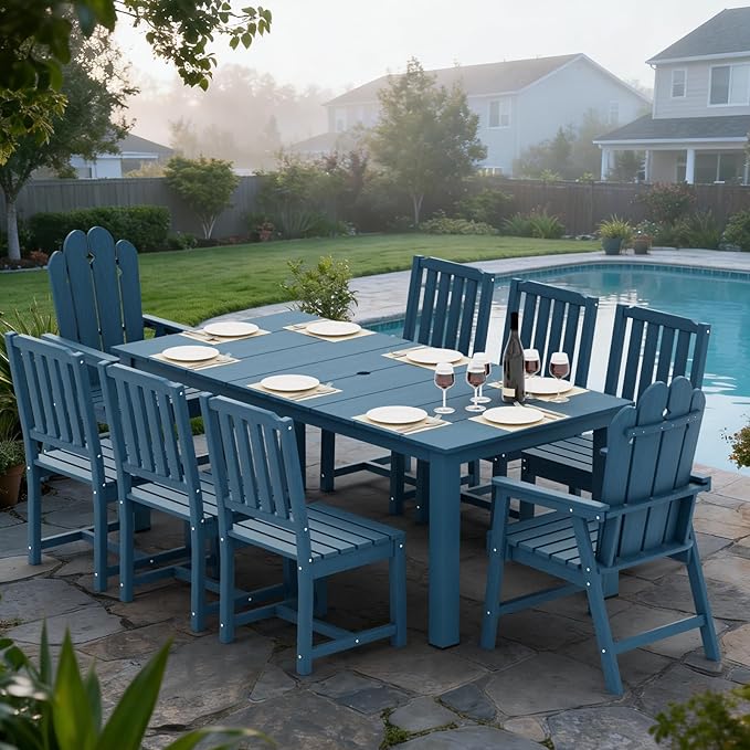 9-Piece Patio Dining Set, Outdoor Dining Set for 8, HDPE All-Weather Outdoor Furniture with 75.20” Umbrella Hole Table, 2 Armchairs & 6 Armless Chairs, Navy
