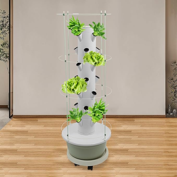 Hydroponics Growing System, 28-Plants Indoor Hydroponic Tower with Pump System, Timer, Climbing Trellis, Vertical Garden Planter with Wheels, Hydroponic Germination Kit for Gardening Lover
