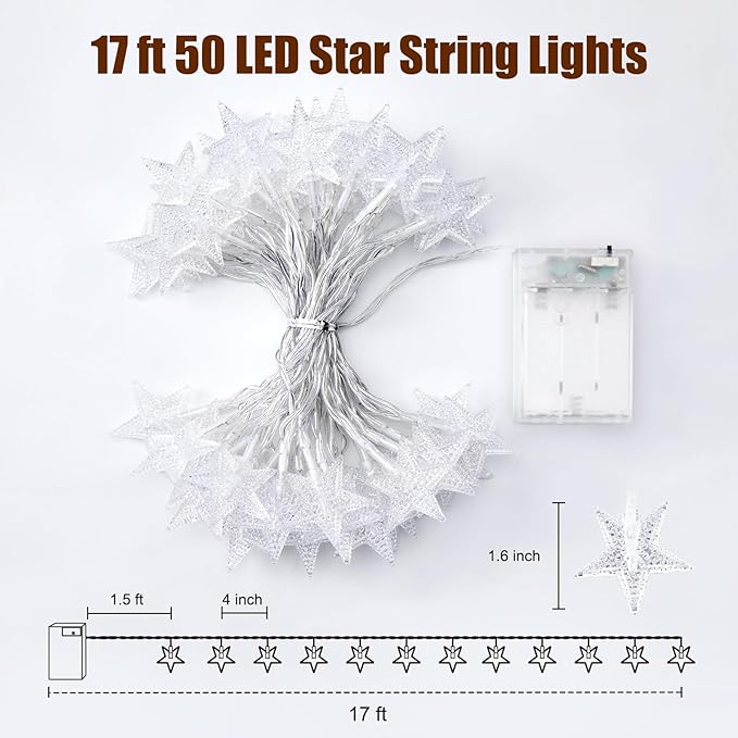 Minetom Star String Lights Battery Operated - 17 ft 50 LED Star Fairy String Lights with Timer, Waterproof for Indoor Bedroom Tent Loft Bed Patio Party Wedding Ramadan Decorations, Warm White