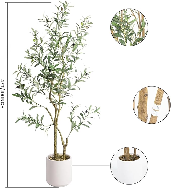 Artificial Fake Olive Tree 4FT Tall 1Pack with White Planter Faux Silk Olive Tree for Home Living Room Office Decor Faux Artificial Plants Indoor with Fruit & Free Moss