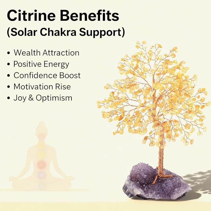 MASGEMES Gemstone Crystal Tree of Life,Natural Citrine(406 Stones Count) with Amethyst Cluster Base,Chakra Healing Crystals Positive Energy Fengshui Bonsai Money Tree Gift 8.5"-9"