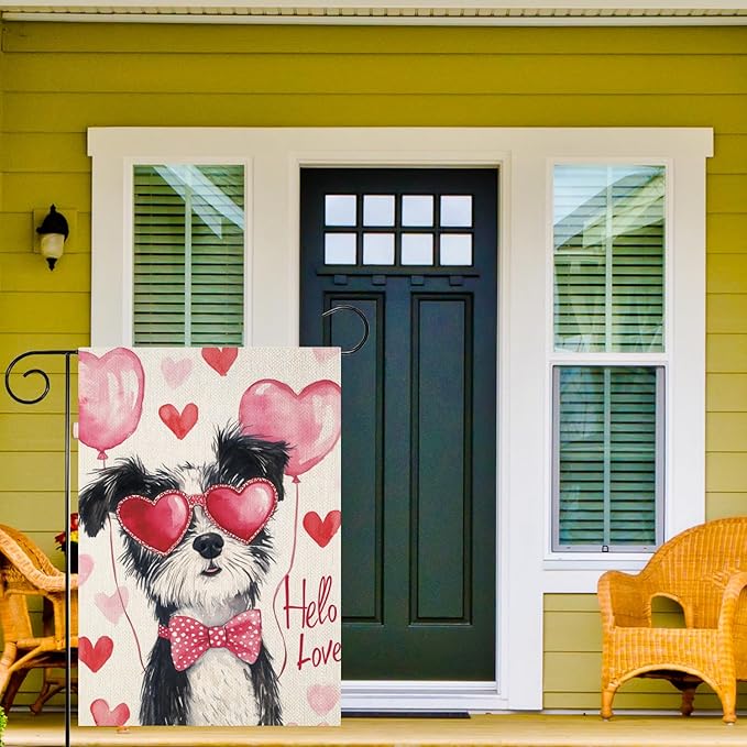 Valentine's Day Border-Coll Hello Love Garden Flag, House Yard Plaid Love Heart Outside Decoration, Spring Holiday Wedding Anniversary Outdoor Small Decor 12x18(12652)