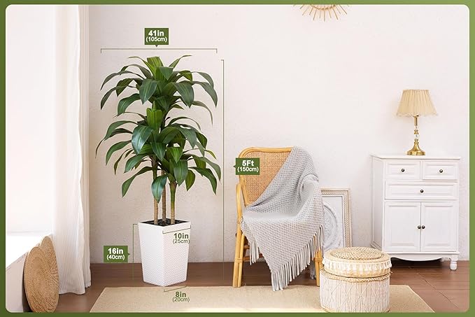 VeriNatural Artificial Dracaena Tree 5FT - Fake Tree with White Taper Planter & Pebbles - UV Resistant Faux Yucca Tropical Plant - Artificial Trees for Home Office Living Room Decor Indoor Outdoor