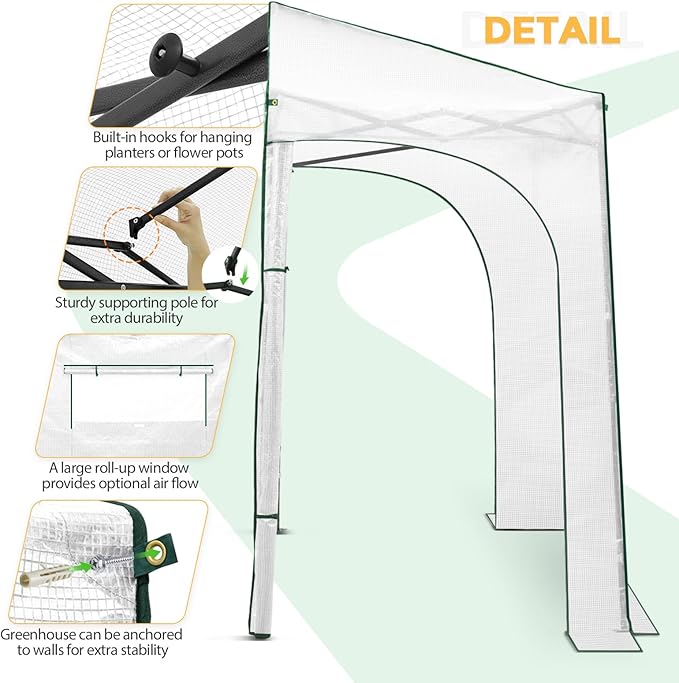 EAGLE PEAK Instant Pop-up Greenhouse, Indoor Outdoor Plant Gardening Green House, Roll-Up Zipper Doors and Side Windows, Lean-to 10x5 ft, PE Cover, White/Clear