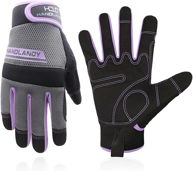 HANDLANDY Work Gloves for Women, Breathable Leather Gardening Glove for Yard Maintenance, Hand Protection with Touch Screen for Gardeners, Farmers