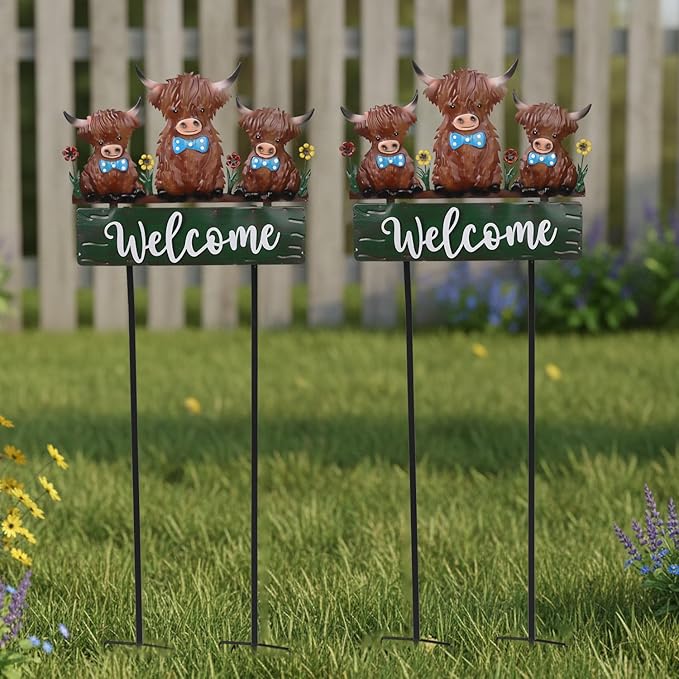 43.3inch Highland Cow Yard Stakes for Decorations Outdoor, Vintage Farmhouse Decorative Garden Stakes Large Metal Yard Art with Welcome Sign