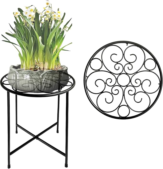 ZEECER Plant Stand, 15'' Tall Indoor Outdoor Set of 1, Retro Design Round, Rust-Proof Coated Metal Pot Stand for Flowers, Patio Garden Home Decor - Black