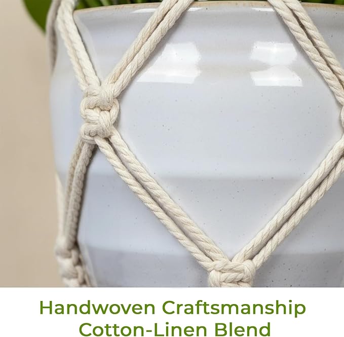 EJGIEGSO Macrame Plant Hanger, Up to 4-15 inch Pots, Wood Beads Cotton Hanging Planter Holder for Indoor Outdoor Boho Home Decor, 35 Inch, Set of 2 (Ivory)