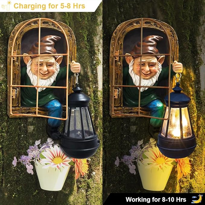 Gnomes Statue with Solar Lights Spring Decorations Whimsical Fairy Garden-10 Inch Elf Outdoor Tree Hugger Garden Statues- Tree Face Sculpture, Yard Art for Patio,Fence,Lawn,Wall Gnomes Ornament