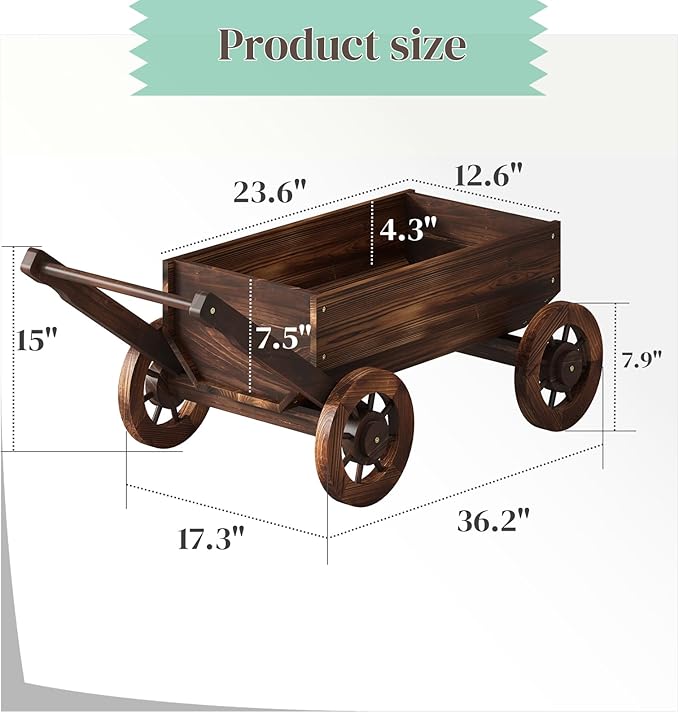 Wooden Wagon Garden Planter Cart with Wheels Rustic Flower Pot – Indoor Outdoor Patio Backyard Balcony Decor for Succulents, Flowers and Plants（Carbonized-L