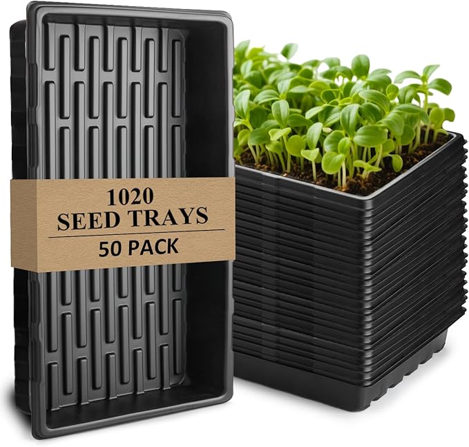 50-Pack Heavy-Duty 1020 Seed Starter Trays, Extra-Thick Plastic Planting Flats for Seed Germination, Microgreens & Seedlings – 21"x11" No-Hole Plant Trays Compatible with 72/128 Plug Inserts