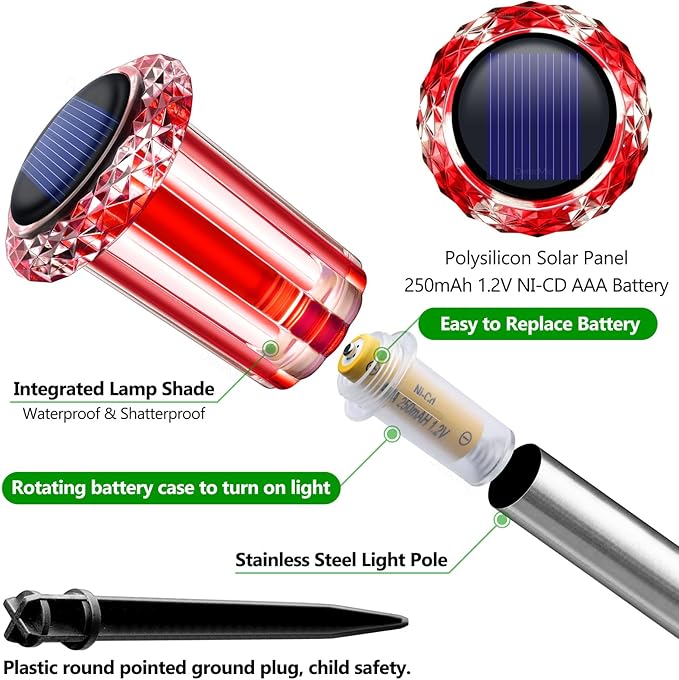 DenicMic Solar Lights Outdoor 10 Pack Waterproof Red White LED Stainless Steel Stake Outside Lights for Yard Pathway Garden Driveway Walkway Landscape Path Lighting Christmas Decorations