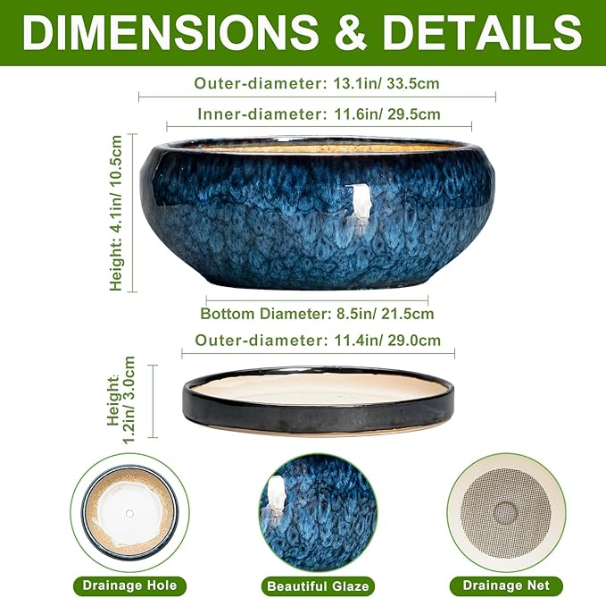 EPFamily Bonsai Pots - 13 Inch Ceramic Succulent Pots for Indoor Outdoor, Large Succulent Planter with Drainage Hole and Saucer, Round Shallow Flower Planters, Porch Decor, Gardening Gifts, Blue
