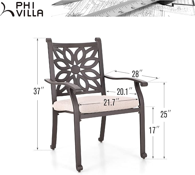 PHI VILLA Outdoor Patio Aluminum Dining Chairs Set of 2, Extra Wide Armrest Stable Chairs with 2.8" Seat Cushion, Casting Frame for All Weather