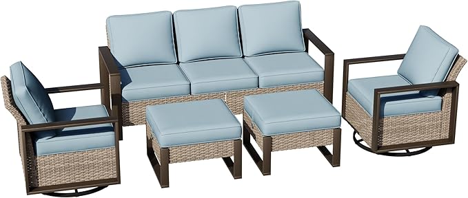 Outdoor Patio Swivel Rocker Chairs, 5 Pieces Wicker Furniture Set, 2 Swivel Rocking Chairs, 1 Sofa and 2 Ottoman, Metal Wide Armrest, Thick Cushions and Deep Seating for Garden, Backyard, Porch, Deck