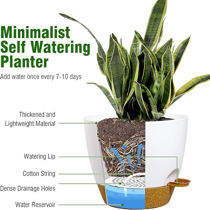 WSMKSZ 12/10/9 inch Large Self Watering Pots, Plant Pots with Mesh Drainage Holes for Indoor Outdoor Garden Plants, Flower Pots with Deep Reservoir, 3 Pack Plastic Planters, White with Brown
