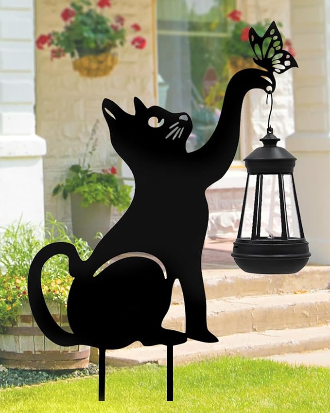 Black Cat Yard Decorations Outdoor - Solar Lights Outdoor Garden Decor Stake with Butterfly Decorative Metal Housewarming Ornament for Pathway Lawn Patio – Unique Gift for Woman Mom Grandma