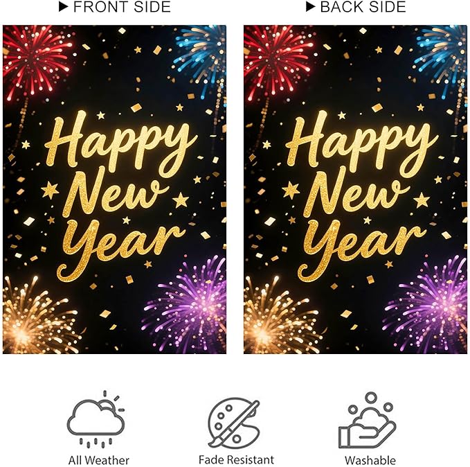 Happy New Year Garden Flag 12x18 Inch Double Sided Celebration Flag Banner Outdoor Yard Decoration for Home Lawn Porch House Seasonal Holiday Welcome Garden Flags