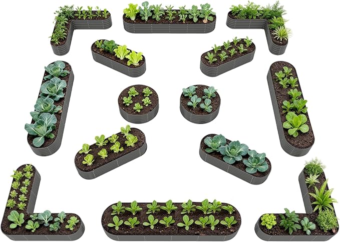 A ANLEOLIFE 14-Piece 18 Inch Tall Raised Garden Beds Kit, Heart-Shaped, Long Oval & Round Metal Planters – Ideal for Creative Garden Layouts, Quartz Grey
